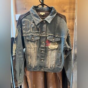POLS Distressed Patchwork Denim Jacket Mixed Media Vintage Varsity Style NWOT